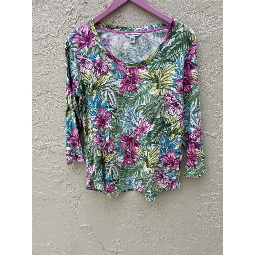 Tommy Bahama Womens Tropical Floral Hibiscus Scoop Neck 3/4 Sleeve Top Medium - Picture 2 of 4